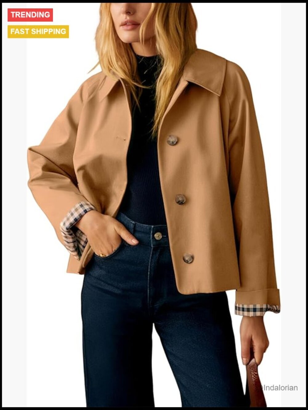 Lightweight Polyester Trench Jacket with Plaid Lining and Pockets